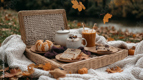 Autumn Picnic Tray with Drinks and Treats by a Pond photo