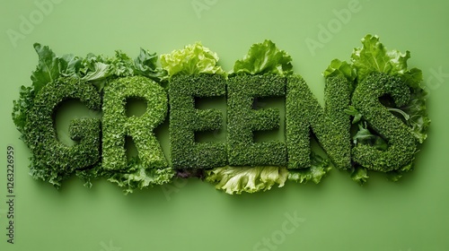 The word "GREENS" made from fresh leafy greens, including lettuce, spinach, broccoli, and salad. A concept of healthy eating, natural produce, and a plant-based lifestyle.