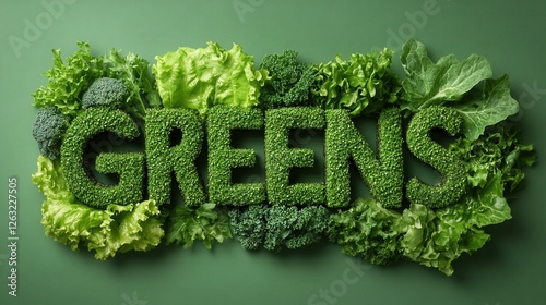 The word "GREENS" made from fresh leafy greens, including lettuce, spinach, broccoli, and salad. A concept of healthy eating, natural produce, and a plant-based lifestyle.