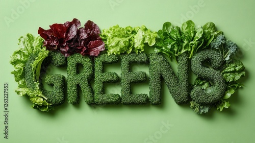 The word "GREENS" made from fresh leafy greens, including lettuce, spinach, broccoli, and salad. A concept of healthy eating, natural produce, and a plant-based lifestyle.