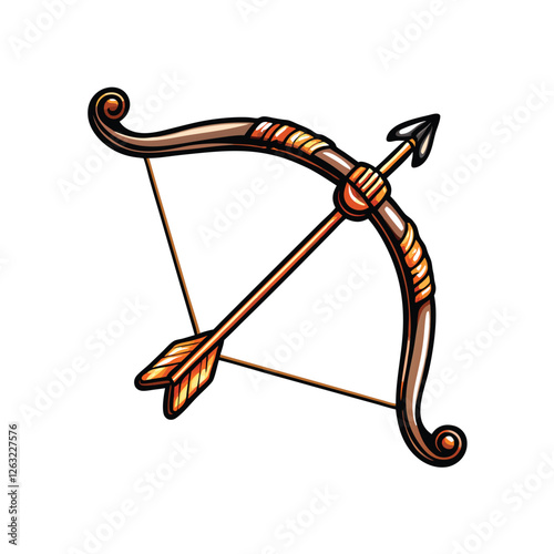 Create a dynamic editable stroke vector graphic of a bow and arrow in mid-flight, showcasing accuracy and power.  Include detailed arrow feather and bowstring rendering.