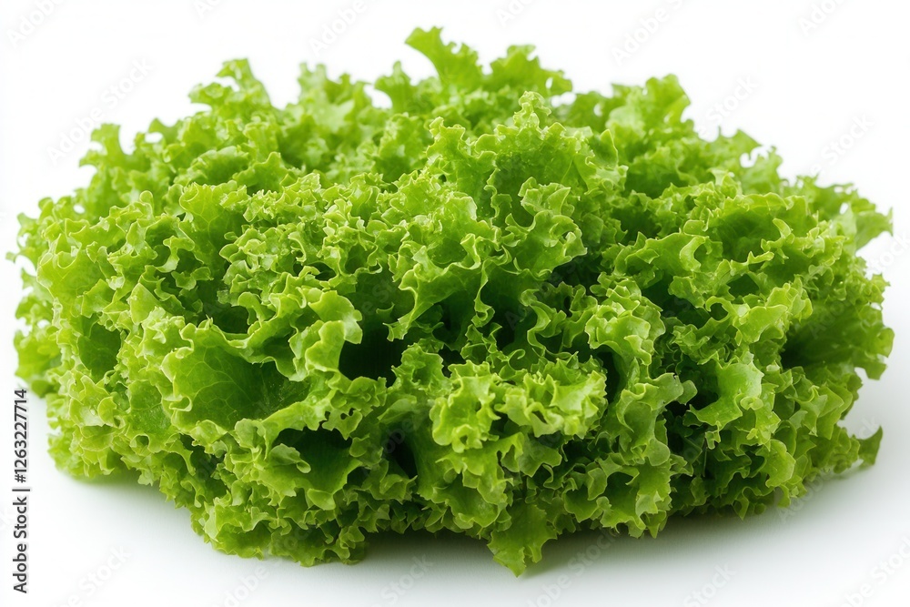 A bunch of fresh green curly lettuce on a white background. A natural organic product, rich in vitamins, perfect for salads, healthy eating, and cooking. A bunch of fresh green curly lettuce on a white background. A natural organic product, rich in vitamins, perfect for salads, healthy eating, and cooking.