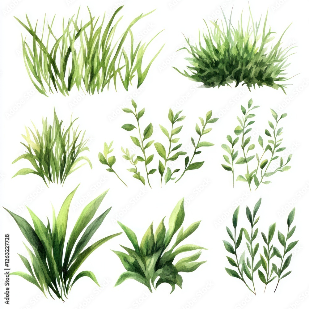 Fototapeta premium Watercolor Illustrations of Various Green Greenery Plants