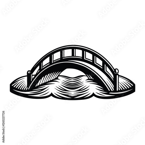 Create an editable stroke vector graphic of a majestic bridge arch gracefully spanning a serene river or waterway.  Include detailed bridge structure.