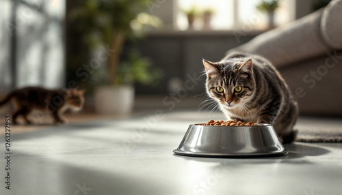 Sleek cat feeding station in a modern home, emphasizing pet care and comfort. photo