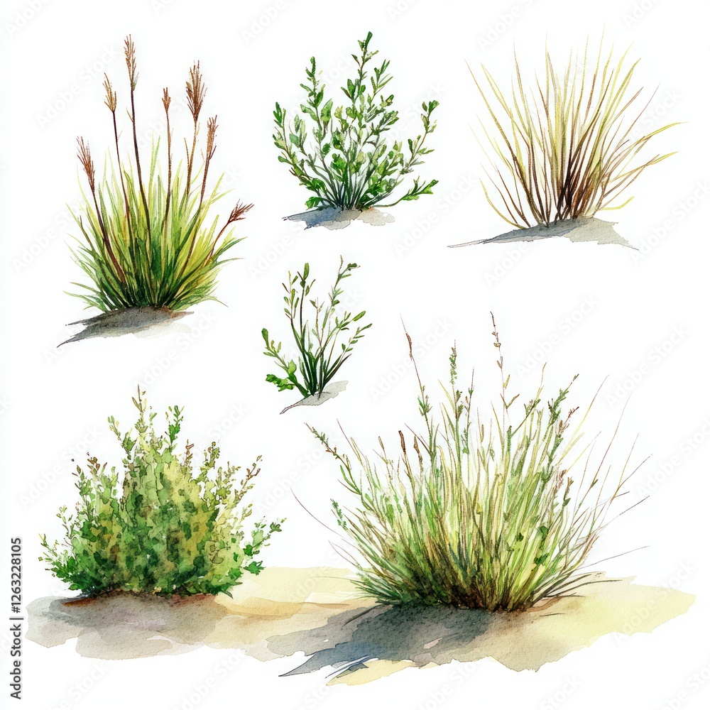 Fototapeta premium Watercolor painting of various desert plants and grasses