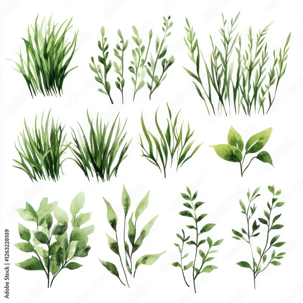 Fototapeta premium Watercolor Collection of Green Grass and Leaf Illustrations