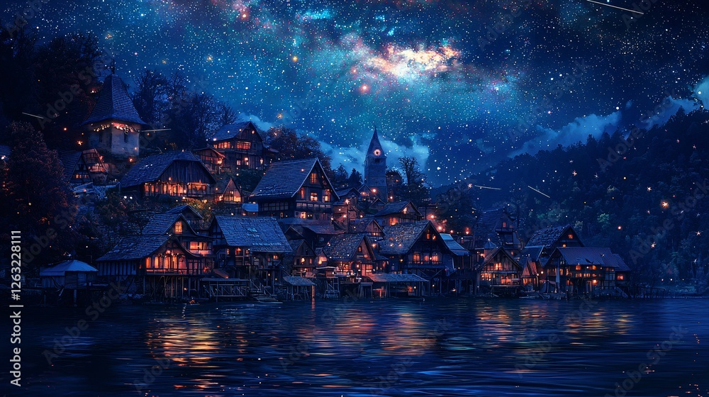 Fototapeta premium Enchanted Village Under a Starry Night Sky