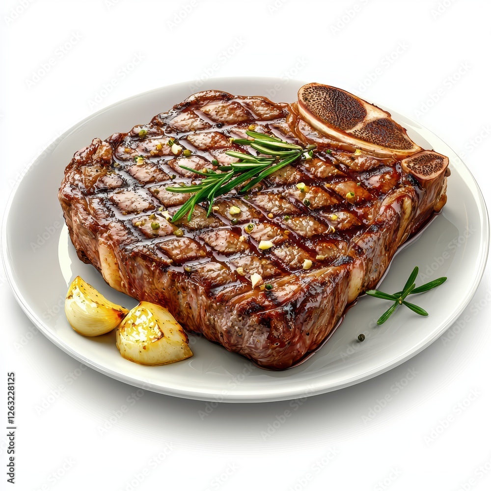 Ribeye Steak grilled with garlic butter, isolated on white