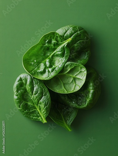 Fresh spinach leaves arranged on a green background. A concept of healthy eating, organic food, and a plant-based diet. Natural ingredients for preparing nutritious meals.