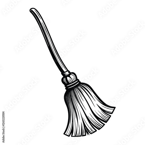Create a clean, editable vector illustration of a broomstick with detailed bristles, suitable for animation or graphic design.  Include variations in bristle length.