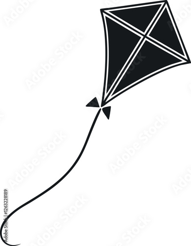 Minimalistic Black Silhouette of a Flying Kite | Airborne Adventure, Play, and Freedom Concept Vector Illustration | Hand-Drawn Outdoor Activity Artwork, Symbolizing Joy, Leisure, and Childhood Fun in