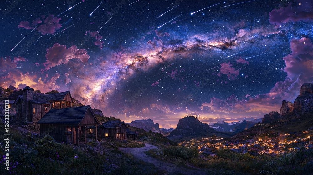 Fototapeta premium Milky Way and Meteor Shower Over a Scenic Mountain Village