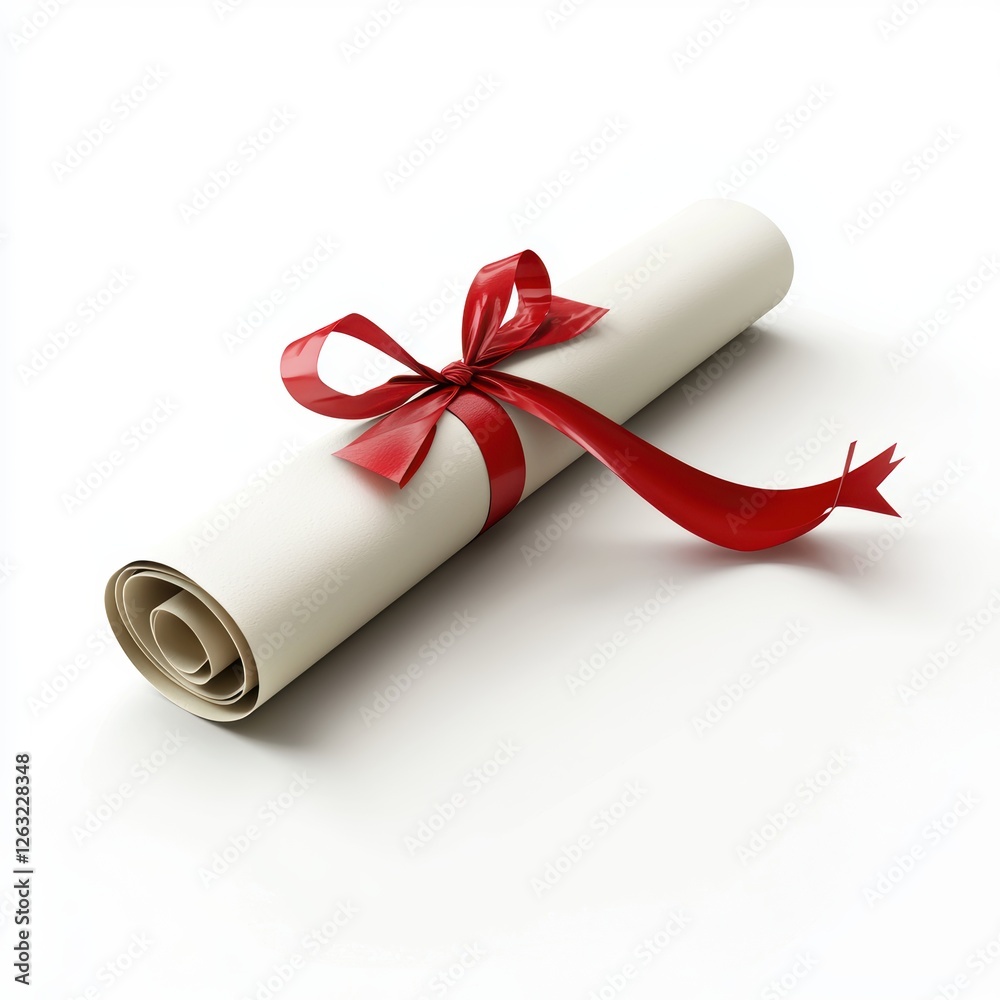 Rolled-up diploma tied with a red ribbon on a white background