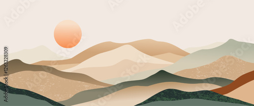 Minimalist desert mountain landscape layered hills, warm sunset, earthy textures with contemporary boho style for prints, wall decor, backgrounds