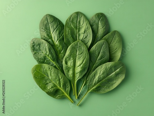 Fresh spinach leaves arranged on a green background. A concept of healthy eating, organic food, and a plant-based diet. Natural ingredients for preparing nutritious meals.