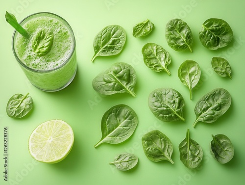 A glass of fresh green smoothie with spinach and lime on a green background. A concept of healthy eating, detox drinks, and natural ingredients. Fresh spinach leaves for a nutritious diet.