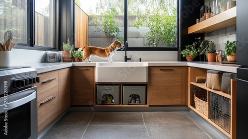 Modern pet-friendly kitchen with a built-in feeding station, non-slip flooring, and stylish storage for pet supplies and food
