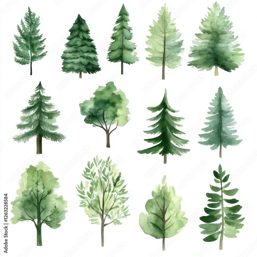 Obraz premium Watercolor Collection of Diverse Green Trees and Foliage