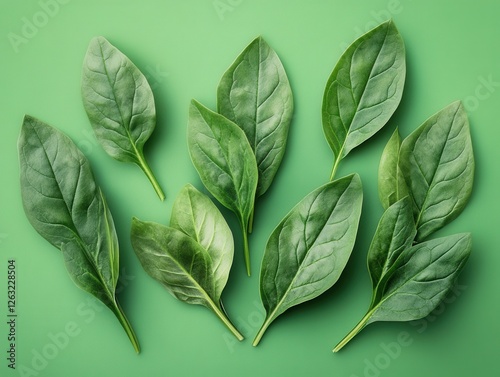 Fresh spinach leaves arranged on a green background. A concept of healthy eating, organic food, and a plant-based diet. Natural ingredients for preparing nutritious meals.