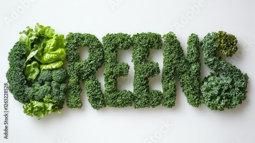 The word "GREENS" formed from fresh leafy vegetables, including kale, broccoli, and lettuce. A concept of healthy eating, vegetarianism, and organic food on a white background.