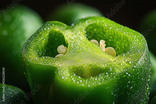 A halved fresh green bell pepper with seeds and salt crystals on a dark surface. A natural ingredient for cooking, healthy eating, and food photography.