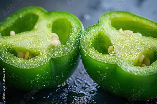 A halved fresh green bell pepper with seeds and salt crystals on a dark surface. A natural ingredient for cooking, healthy eating, and food photography.