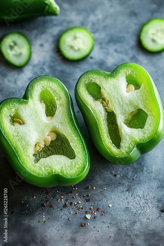 A halved fresh green bell pepper with seeds and salt crystals on a dark surface. A natural ingredient for cooking, healthy eating, and food photography.