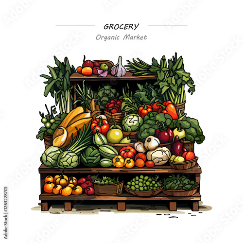 Vector colored illustration of vegetables and fruits on a market stall, grocery, organic market. Vector illustration