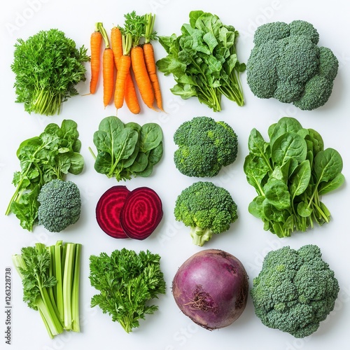 A selection of fresh vegetables on a white background, including broccoli, spinach, carrots, cauliflower, beets, celery, and parsley. Natural organic produce for healthy eating and cooking.