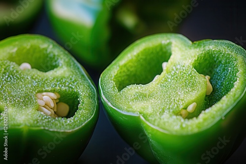 A halved fresh green bell pepper with seeds and salt crystals on a dark surface. A natural ingredient for cooking, healthy eating, and food photography.
