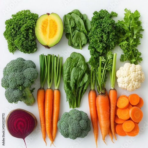 A selection of fresh vegetables on a white background, including broccoli, spinach, carrots, cauliflower, beets, celery, and parsley. Natural organic produce for healthy eating and cooking.