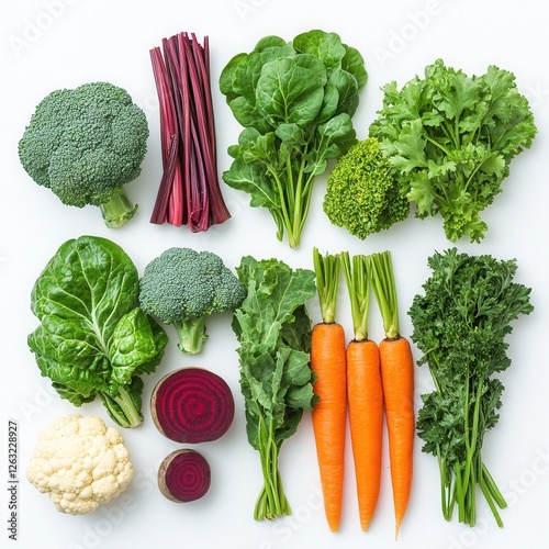 A selection of fresh vegetables on a white background, including broccoli, spinach, carrots, cauliflower, beets, celery, and parsley. Natural organic produce for healthy eating and cooking.