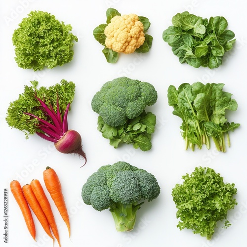 A selection of fresh vegetables on a white background, including broccoli, spinach, carrots, cauliflower, beets, celery, and parsley. Natural organic produce for healthy eating and cooking.