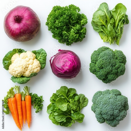 A selection of fresh vegetables on a white background, including broccoli, spinach, carrots, cauliflower, beets, celery, and parsley. Natural organic produce for healthy eating and cooking.