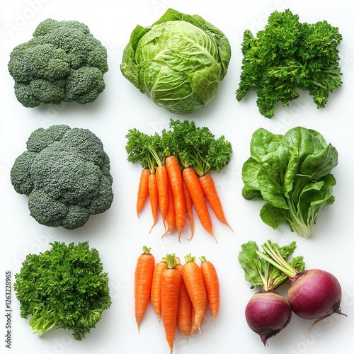 A selection of fresh vegetables on a white background, including broccoli, spinach, carrots, cauliflower, beets, celery, and parsley. Natural organic produce for healthy eating and cooking.
