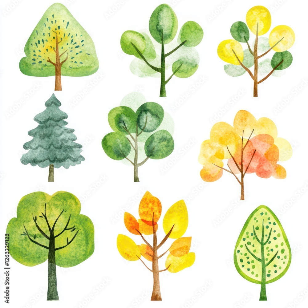 Fototapeta premium Watercolor Illustrations Of Nine Different Types Of Trees