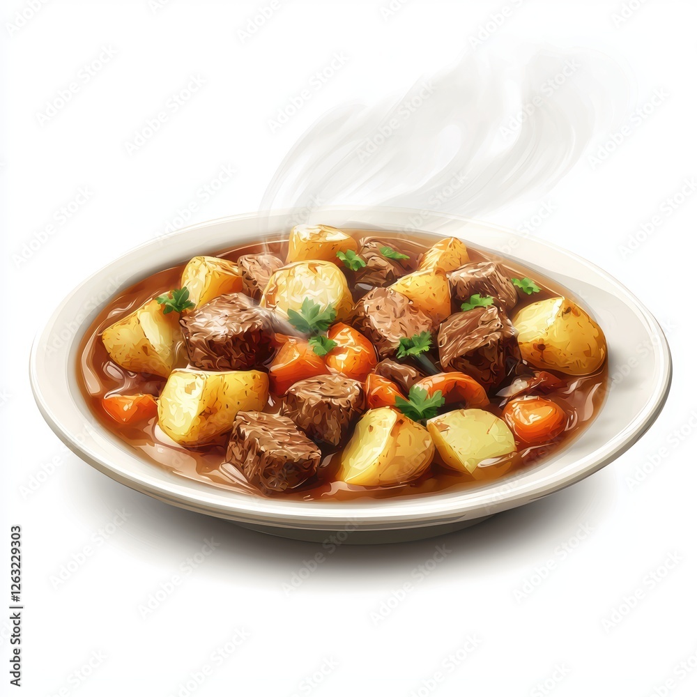 Steaming plate of traditional Irish stew with potatoes and meat on a white background Steaming plate of traditional Irish stew with potatoes and meat on a white background