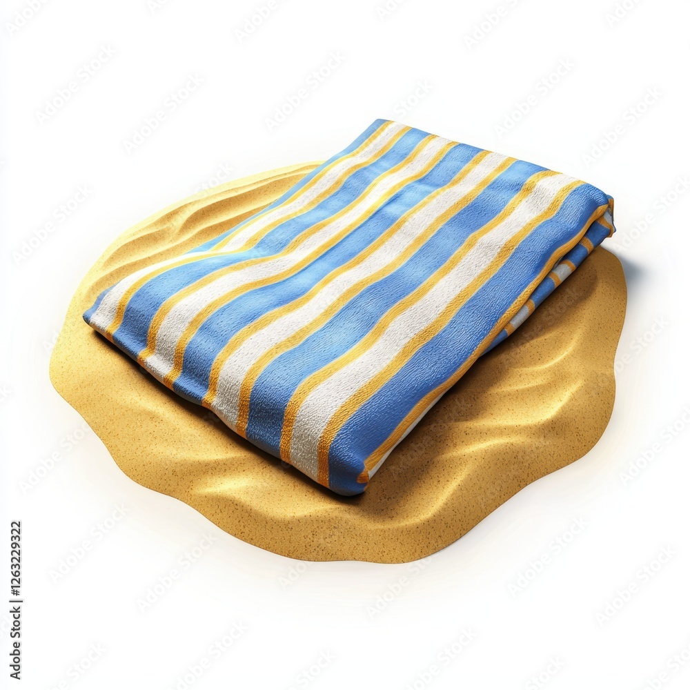 Striped beach towel neatly folded on warm golden sand on a white background