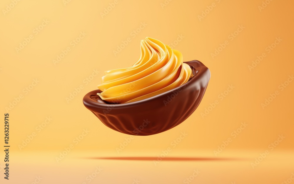 Tropical mango chocolate swirl floating in motion, pastel orange background Tropical mango chocolate swirl floating in motion, pastel orange background