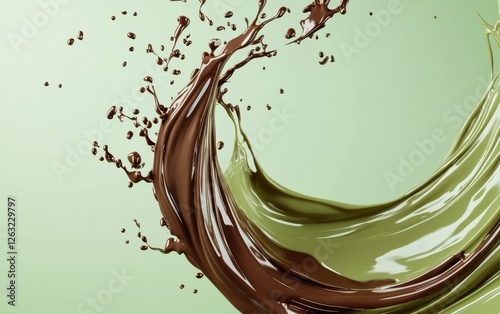 Velvety matcha chocolate swirl with an airy, suspended motion, pastel mint green background