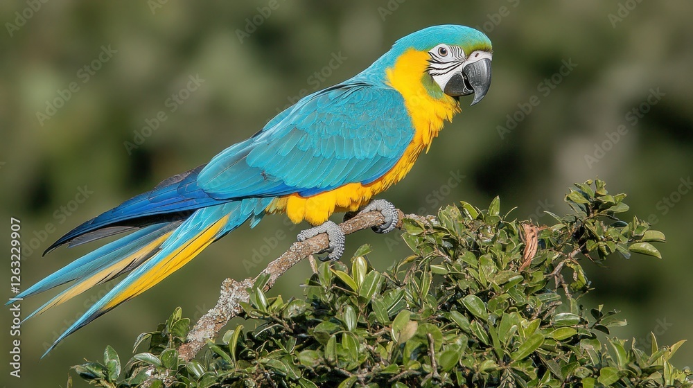 Obraz premium Vibrant Blue-and-Yellow Macaw perched on branch in lush forest. Possible use Nature, wildlife, education