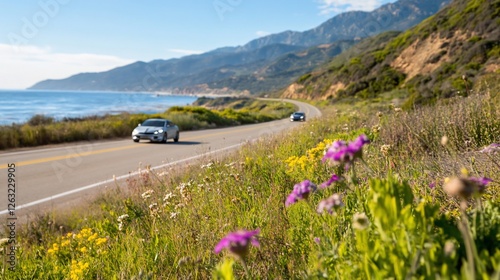 Coastal highway road trip, wildflowers, ocean view