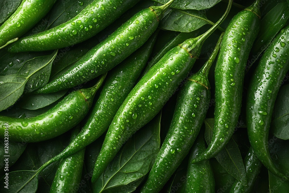 Fresh green chili peppers with leaves on a dark green background, natural vegetables for spices and cooking. Fresh green chili peppers with leaves on a dark green background, natural vegetables for spices and cooking.