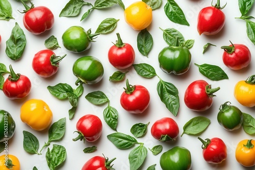 Red, green, and yellow sweet bell peppers with basil leaves on a white background, fresh vegetables for cooking.