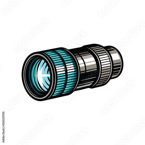 High-quality vector illustration of a camera lens with a bright light flare, editable stroke paths for easy modification.