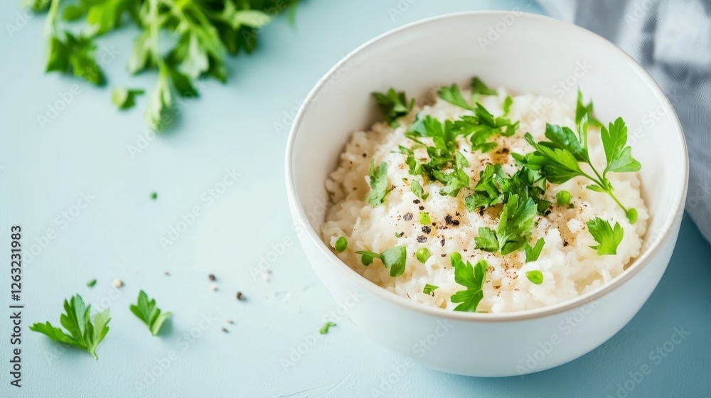 Creamy Parsley Oatmeal: A bowl of creamy oatmeal topped with fresh parsley and a sprinkle of black pepper, presented on a light blue background. This image evokes a sense of warmth and comfort. Creamy Parsley Oatmeal: A bowl of creamy oatmeal topped with fresh parsley and a sprinkle of black pepper, presented on a light blue background. This image evokes a sense of warmth and comfort.