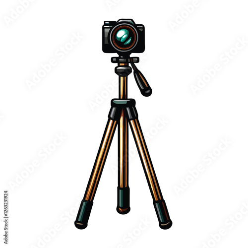 Create a clean, editable stroke vector illustration of a professional camera tripod, emphasizing its stability and adjustability. Include details like leg locks and a mounting head.