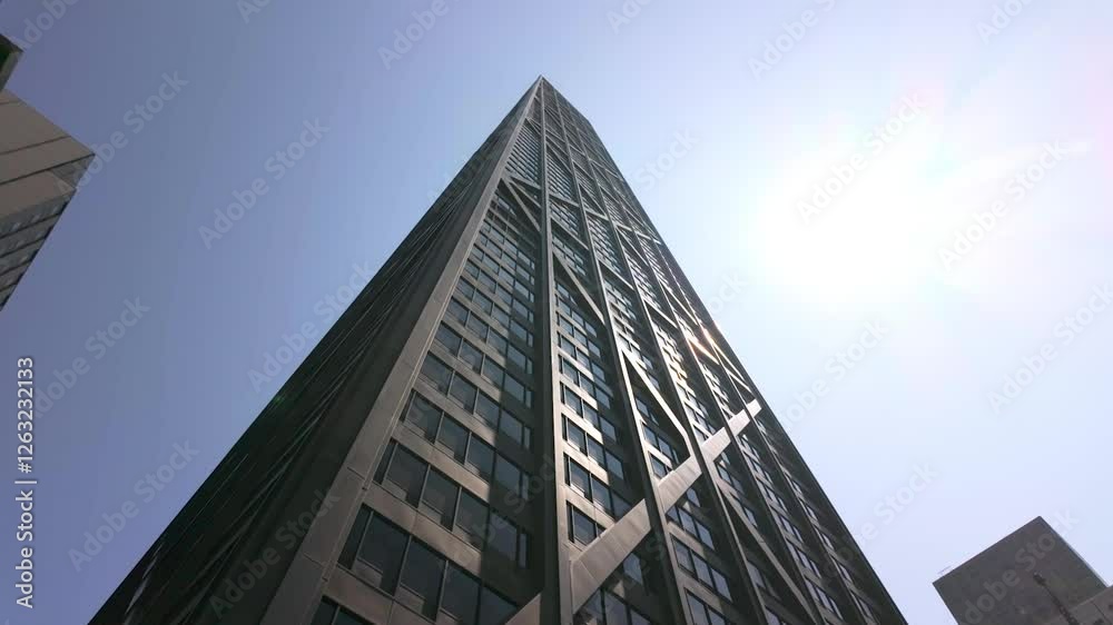 Facade of new modern multi-storey house, bottom view, close-up Facade of new modern multi-storey house, bottom view, close-up