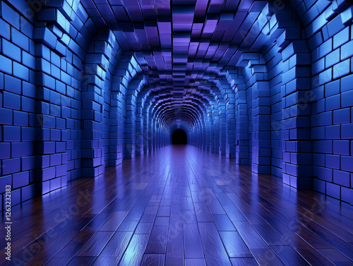 Futuristic Blue Brick Tunnel with Wood Floor